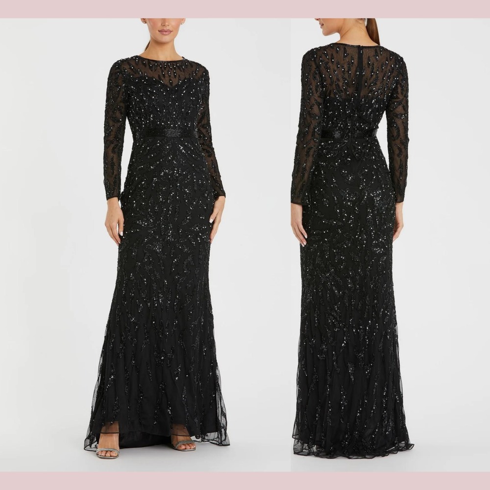 NWT $598 Mac Duggal [ 16 ]‎ 5124 Beaded Long Sleeve Evening Gown Black #J1397